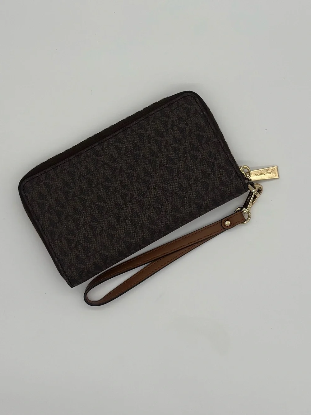Michael Kors Brown MK Logo Zip-Around Wristlet with Gold Hardware